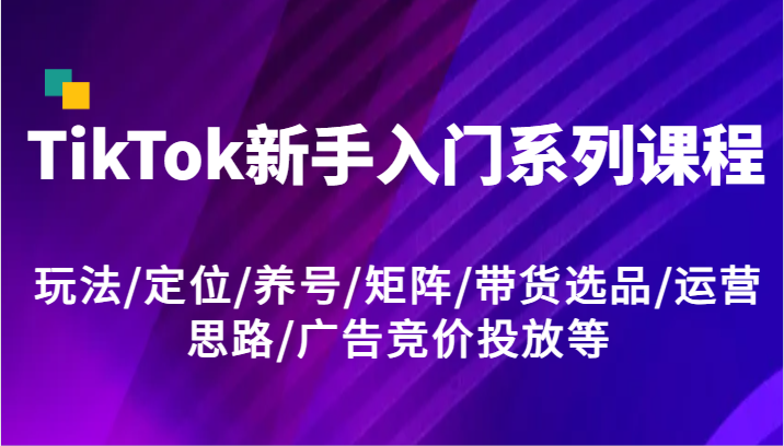 TikTok新手入门系列课程，玩法,定位,养号,矩阵,带货选品,运营思路,广告竞价投放等